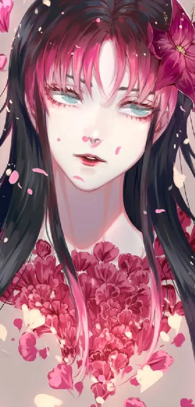 Anime portrait with pink flowers and flowing hair, exuding elegance.