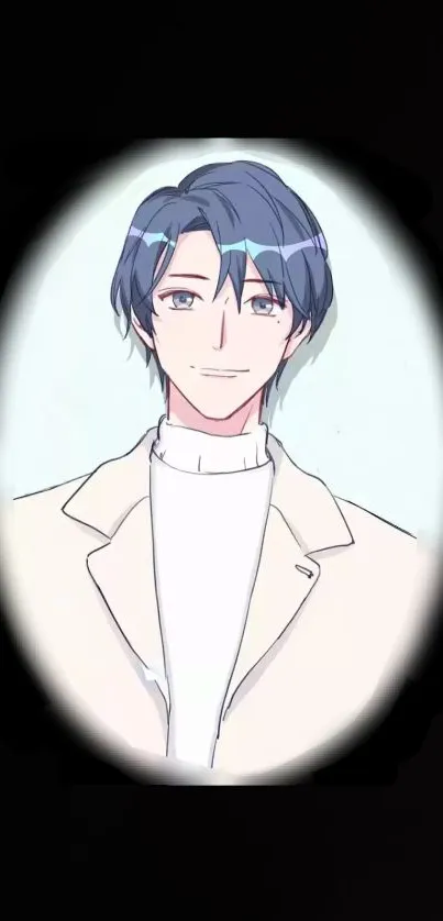 Anime character with blue hair and beige coat, elegant style.