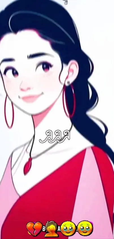 Anime-style portrait of a woman with dark hair and red accessories.