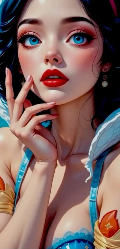 Anime-inspired portrait of a character with blue eyes and red lips.