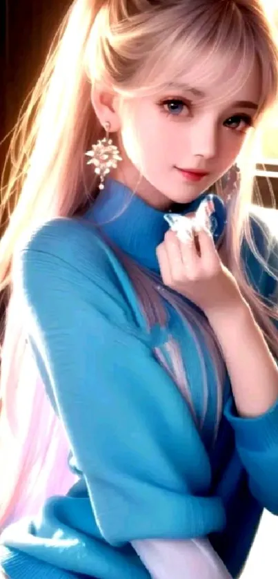 Elegant anime portrait with blue sweater character.