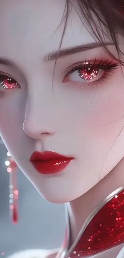 Elegant anime character portrait in red tones.