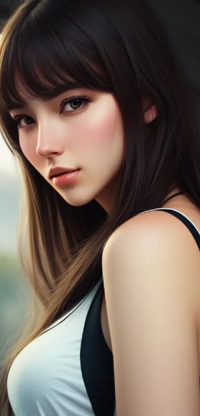 Anime portrait wallpaper of a character with long brown hair, elegant design.