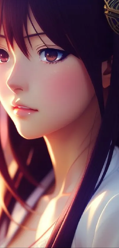 Anime character with dark hair and a golden headpiece in soft lighting.