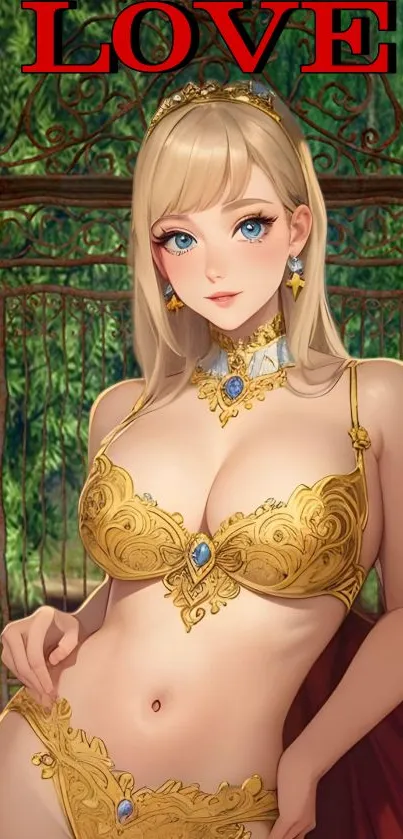 Anime princess in golden attire with 'LOVE' text.