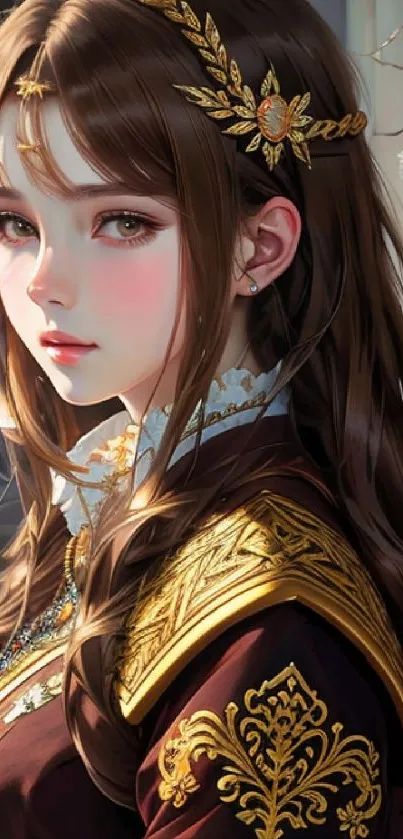 Anime princess with elegant gold adornments and autumn leaves.