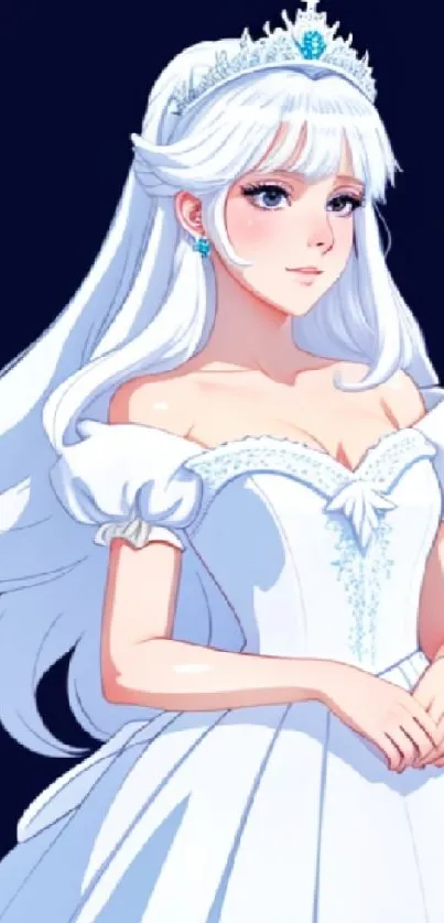 Mobile wallpaper featuring an elegant anime princess in a white dress on a navy background.