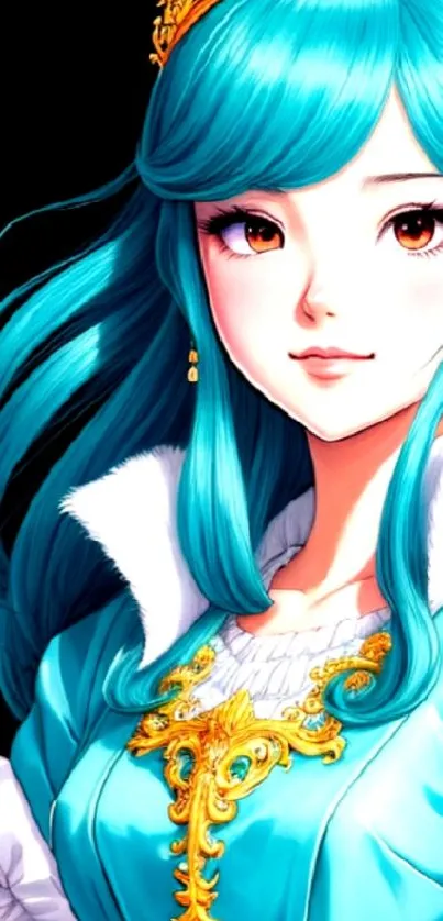 Anime princess with teal blue hair and golden crown in elegant attire.