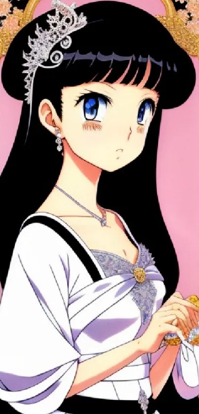 Anime princess with tiara in elegant attire and ornate frame.