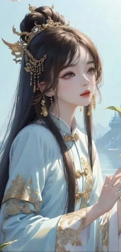 Anime princess with gold adornments by the sea, blue attire.