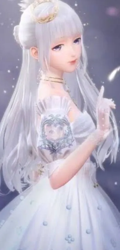 Elegant anime princess with long white hair and feathers.