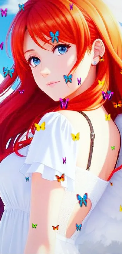 Anime redhead angel in white dress with wings, serene sky background.