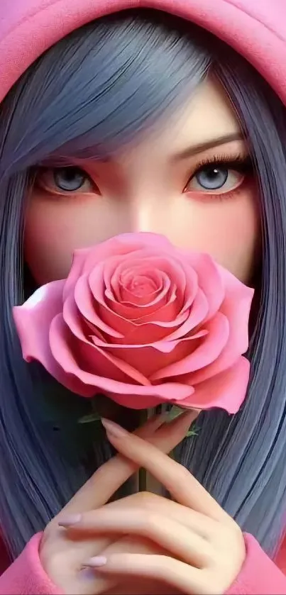 Anime character with pink rose in hoodie, stylish and elegant.