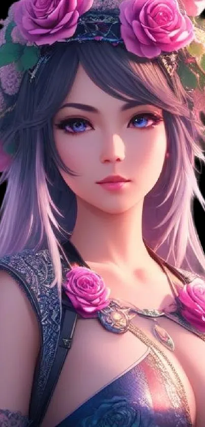 Anime character with roses and vibrant colors, elegant mobile wallpaper.