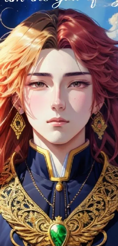 Elegant anime character with golden-red hair and regal attire against a starry sky.