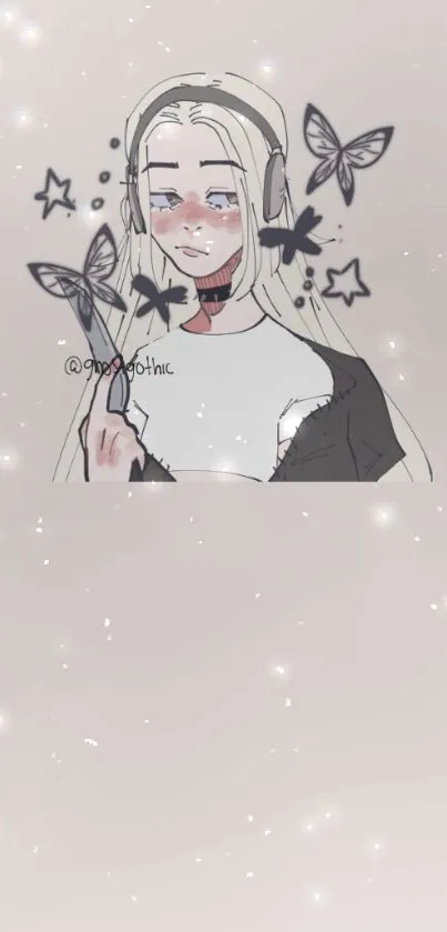 Anime girl with butterflies and stars on a light gray background.