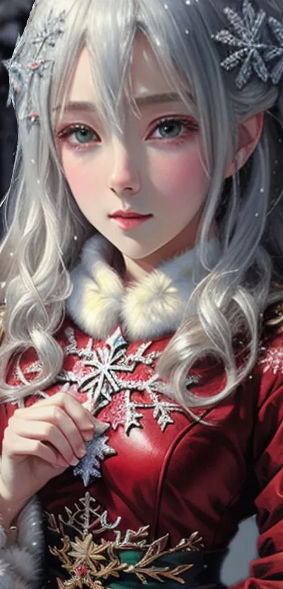 Anime snow princess in crimson red attire with snowflakes.