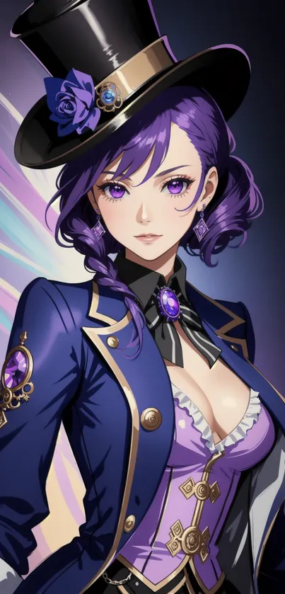 Anime steampunk character in purple attire with elegant and fantasy elements.