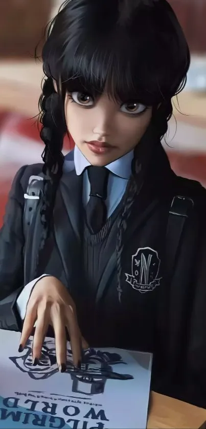 Anime character in dark uniform with braided hair in a café.