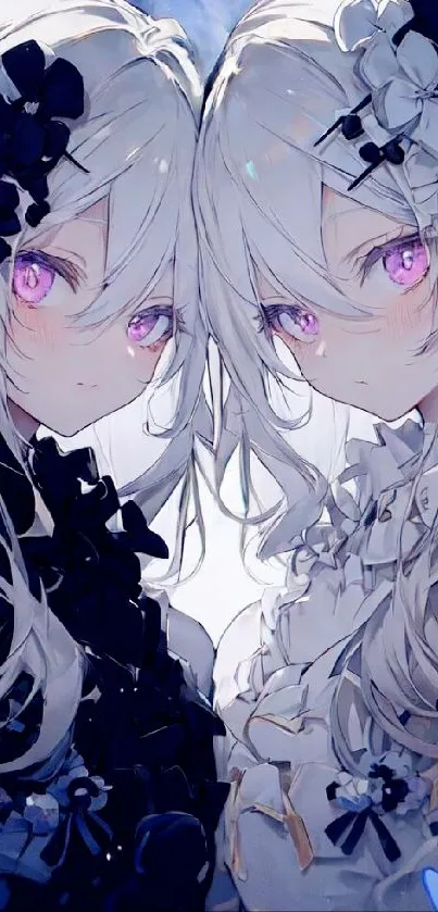 Anime twins with elegant floral design, pastel colors.