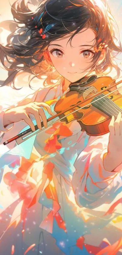 Anime girl playing violin with vibrant colors in background.