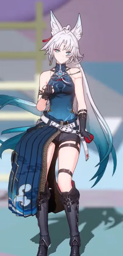 Anime warrior with elegant blue attire and white hair on a digital background.