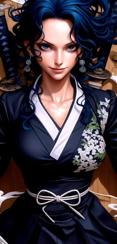 Anime warrior with blue hair and kimono in a detailed portrait.