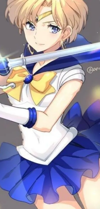 Anime character in blue and yellow outfit wielding a glowing sword.