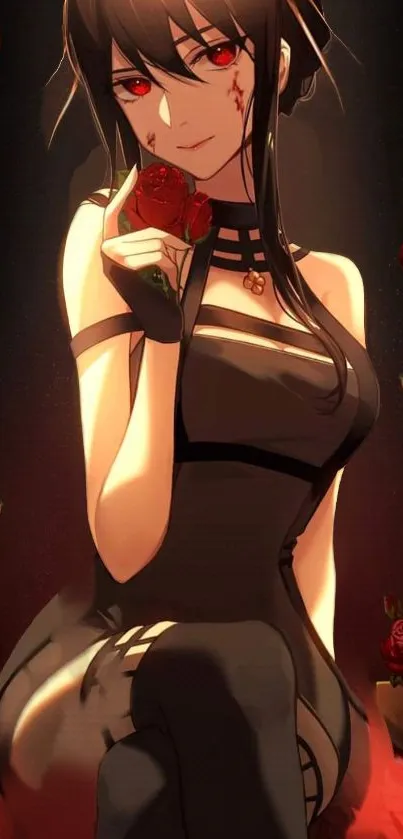 Anime woman surrounded by red roses in a dark elegant setting.