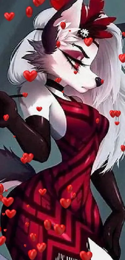 Anthro fox in red dress with long hair.