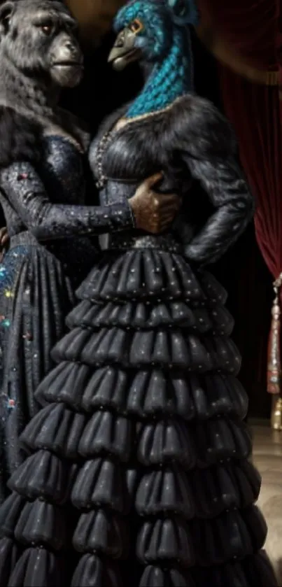 Two anthropomorphic figures in elegant, dark ballgowns in an ornate setting.