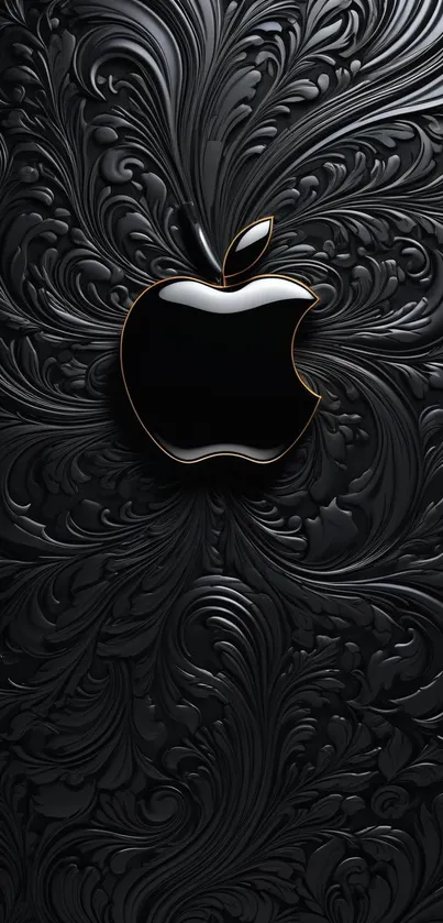 Elegant black wallpaper with Apple logo and floral design.