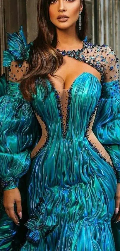 Woman in a vibrant turquoise blue elegant gown.