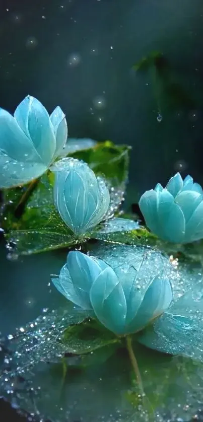 Aqua lotus flowers with dew in a serene setting.