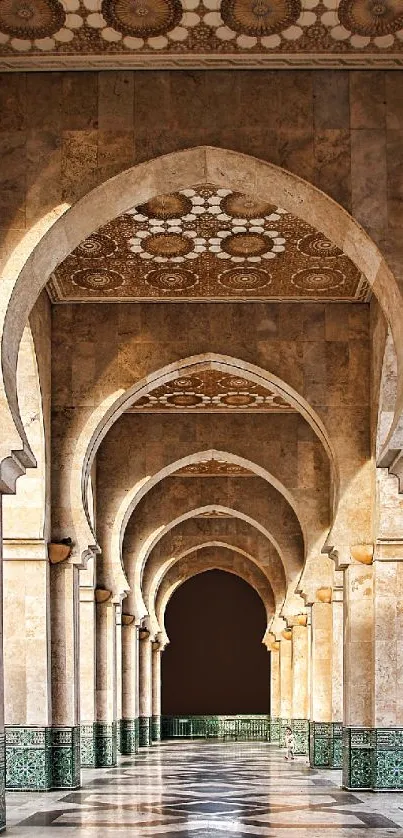 Elegant Islamic architecture with ornate arches and mosaic patterns.