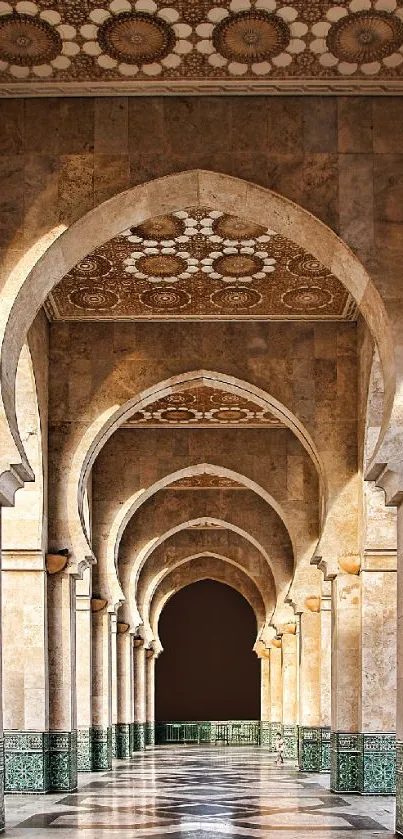 Elegant arched corridor with ornate ceiling and warm tones on mobile wallpaper.