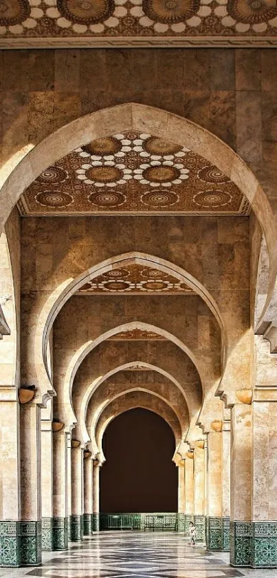 Elegant arched corridor with golden patterns and intricate Islamic design.