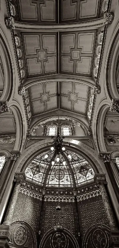 Intricate architectural ceiling with ornate design in sepia tones.