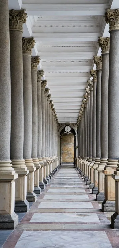 Symmetrical stone columns in an elegant corridor, mobile wallpaper.