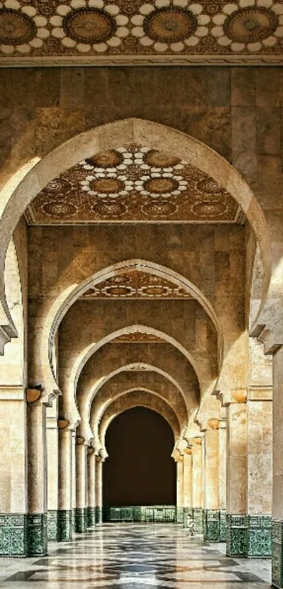 Elegant corridor with Islamic arches and intricate patterns in beige tones.