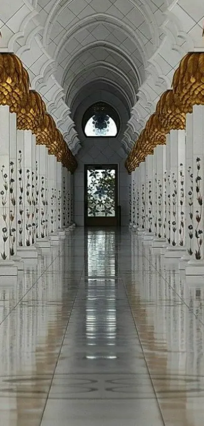 Elegant white corridor with gold accents.