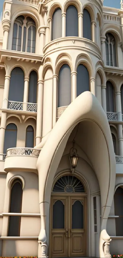 Elegant architecture with detailed arches and columns in beige tones.