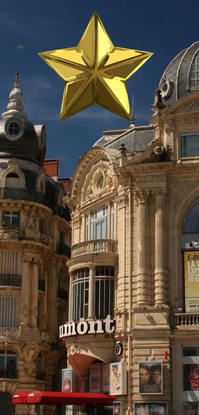 Elegant vintage building with a gold star in a blue sky backdrop.