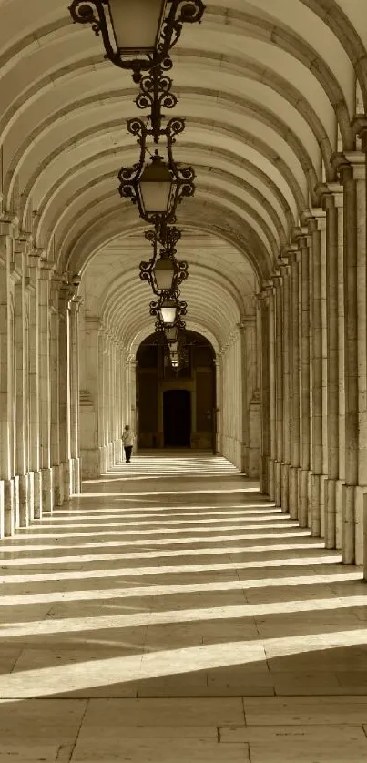 Elegant sepia-toned archway corridor with classic architecture.