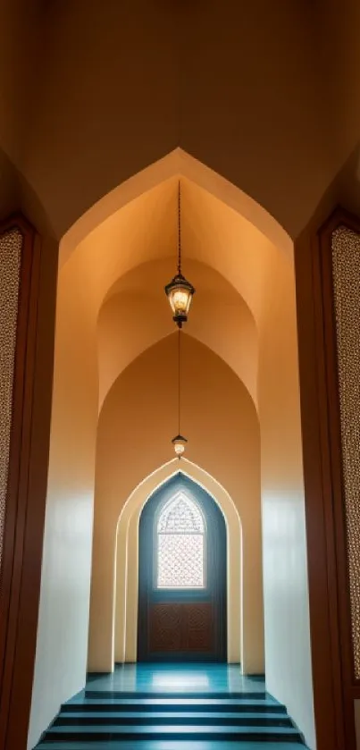 Elegant archway with warm lighting in luxurious hallway.