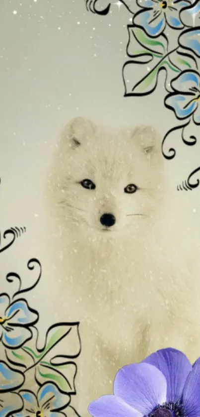 Arctic fox with floral art wallpaper in white and blue hues.