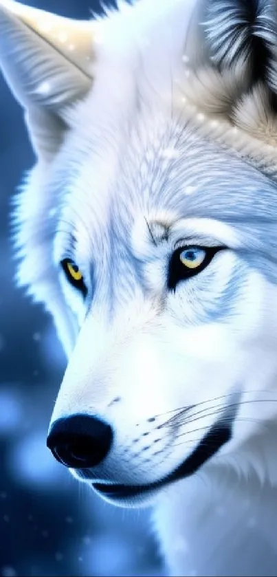 Mystical blue Arctic wolf with snowy background.