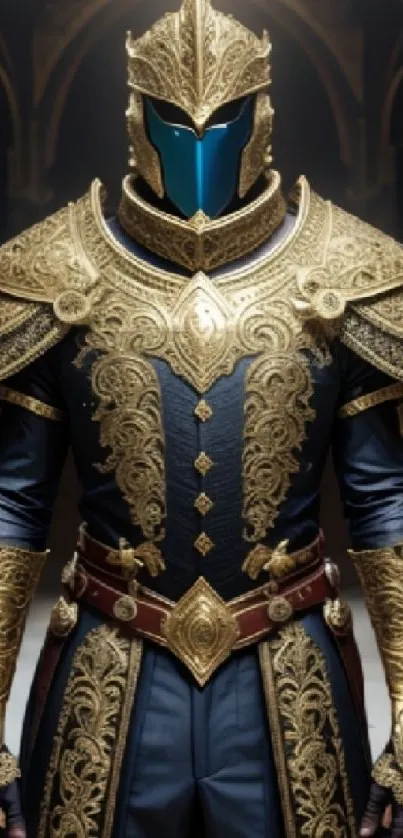 Intricate golden armor with medieval design stands in an elegant pose.