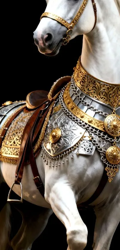 Intricately decorated white horse in armor.
