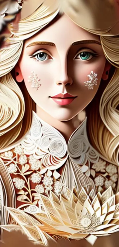 Art Deco style portrait of a woman with floral designs and intricate details.